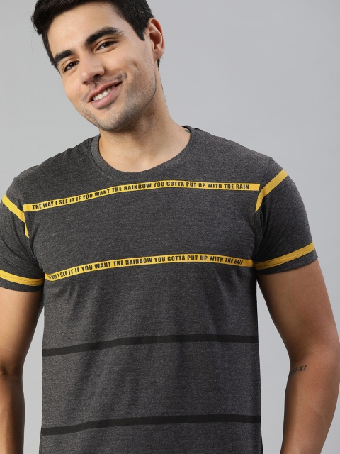 

HERE&NOW Men Charcoal Grey & Yellow Striped Round Neck T-shirt with Pint Detail