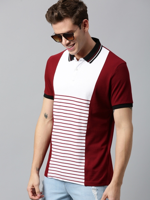 

HERENOW Men Maroon White Colourblocked Polo Collar Pure Cotton T-shirt