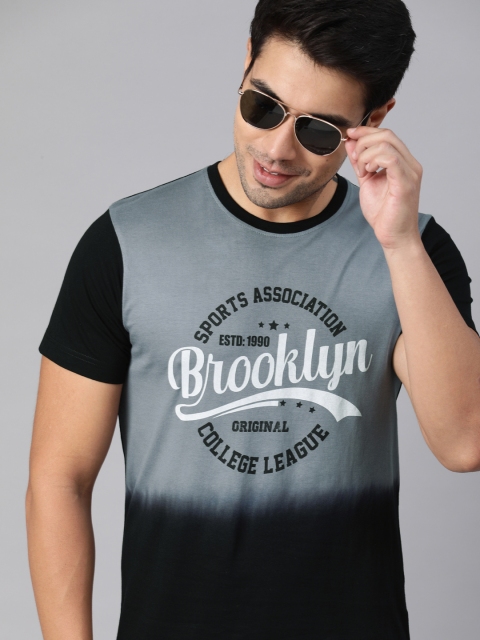 HERE&NOW Men Grey & Black Printed Round Neck T-shirt
