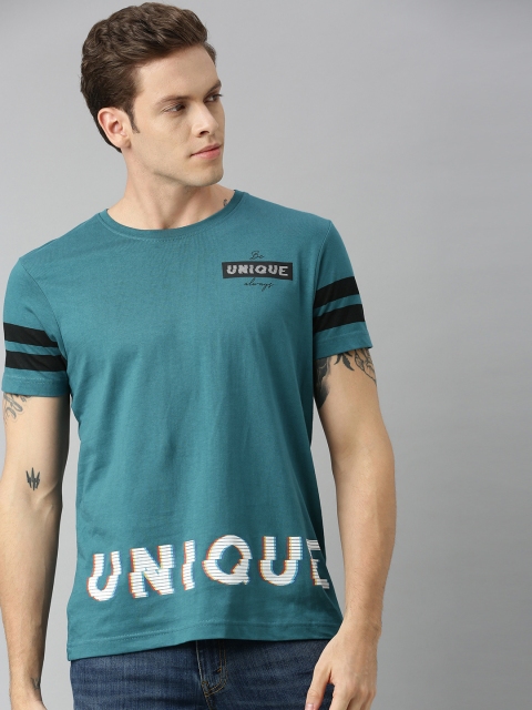 

HERENOW Men Teal Blue Printed Round Neck Pure Cotton T-shirt