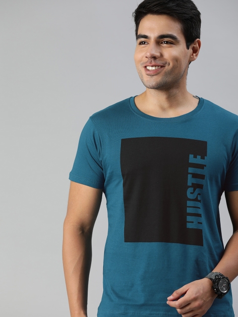

HERENOW Men Teal Blue Printed Round Neck Pure Cotton T-shirt