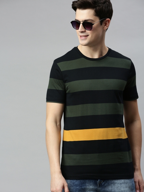 

HERE&NOW Men Black & Olive Green Striped Round Neck T-shirt