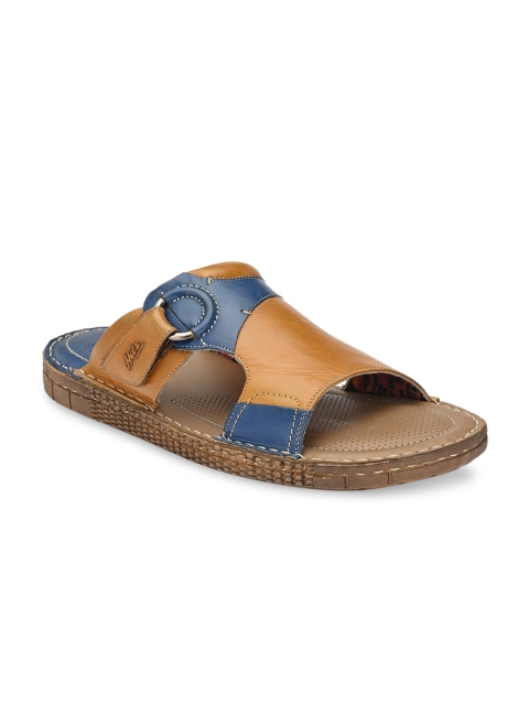 

Hitz Men Tan Brown & Blue Colourblocked Leather Comfort Sandals