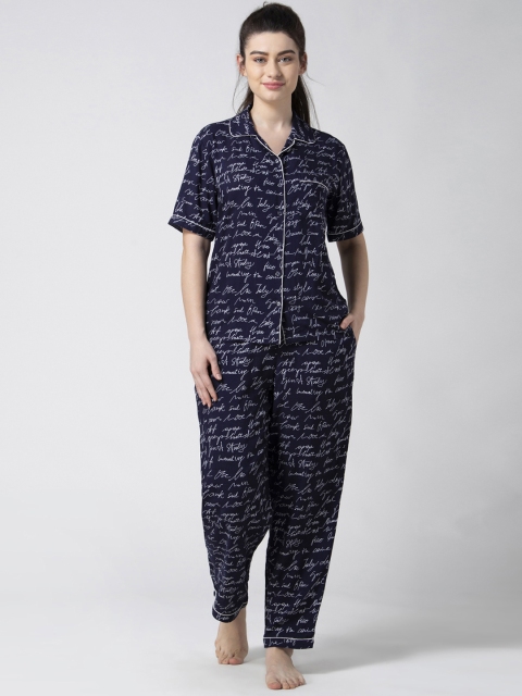 

ADORENITE Women Navy Blue Printed Night suit