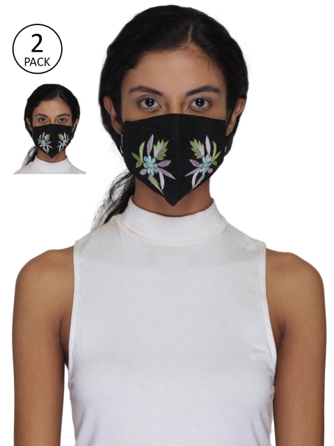 

Anekaant Women 2 Pcs Reusable 3 Ply Cotton Embroidered Cloth Masks, Black