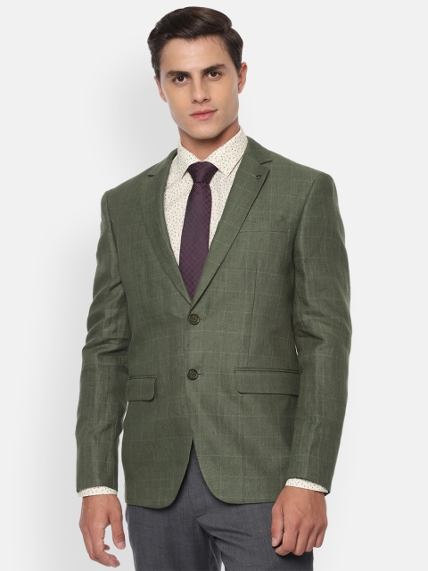 

Louis Philippe Men Green Checked Slim-Fit Single-Breasted Pure Linen Formal Blazer