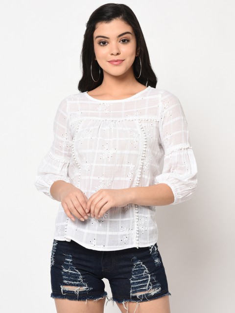 

SQew Women White Self Design Pure Cotton Top