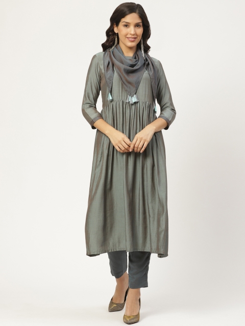 

shiloh Women Charcoal Grey Solid Kurta with Trousers & Stole