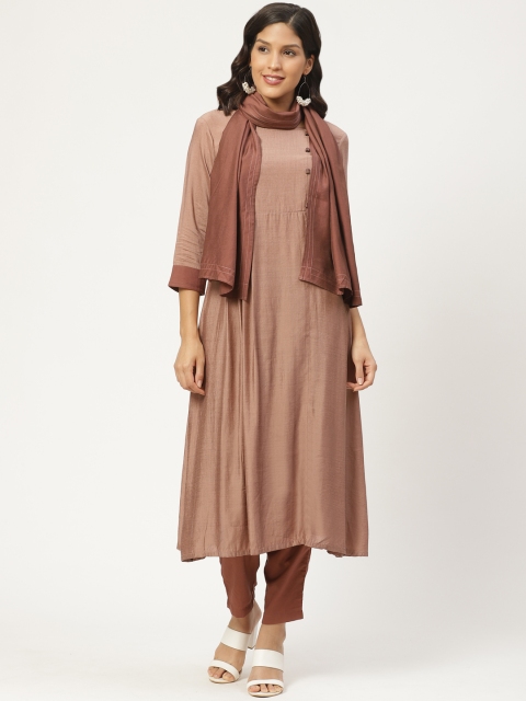 

shiloh Women Brown Solid Kurta with Trousers with Stole