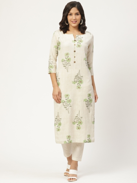 

shiloh Women Off-White & Green Printed Kurta with Trousers