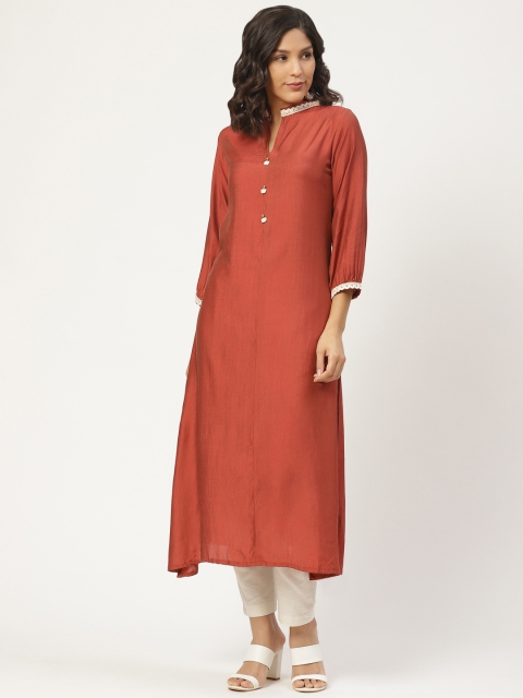 

shiloh Women Rust Orange & Off-White Solid Kurta with Trousers