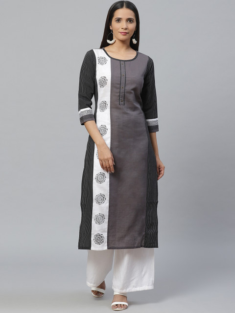 

KSUT Women Grey & Black Colourblocked Straight Kurta