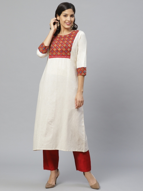 

KSUT Women Beige & Maroon Yoke Design Straight Kurta