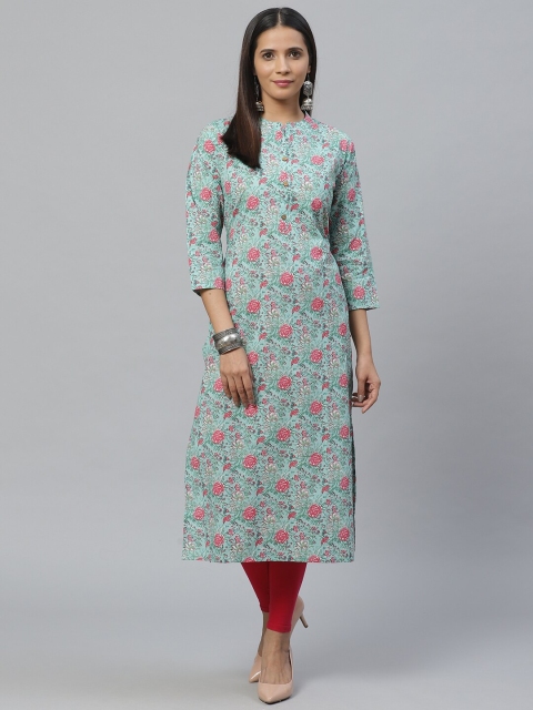 

KSUT Women Sea Green & Pink Floral Printed Straight Kurta