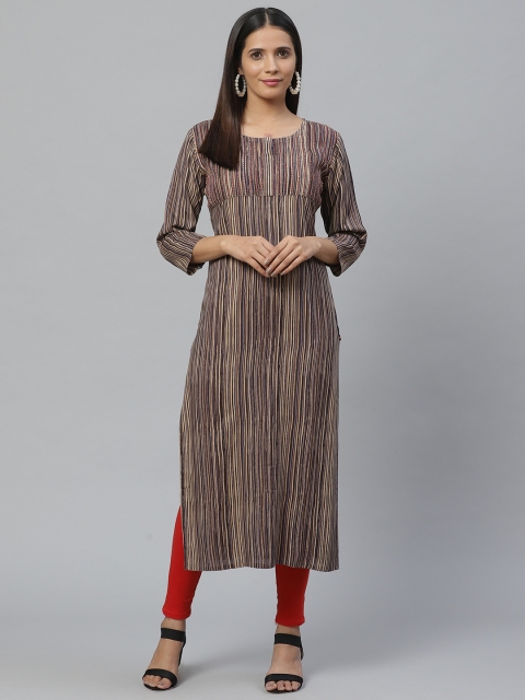 

KSUT Women Beige & Blue Striped Straight Kurta