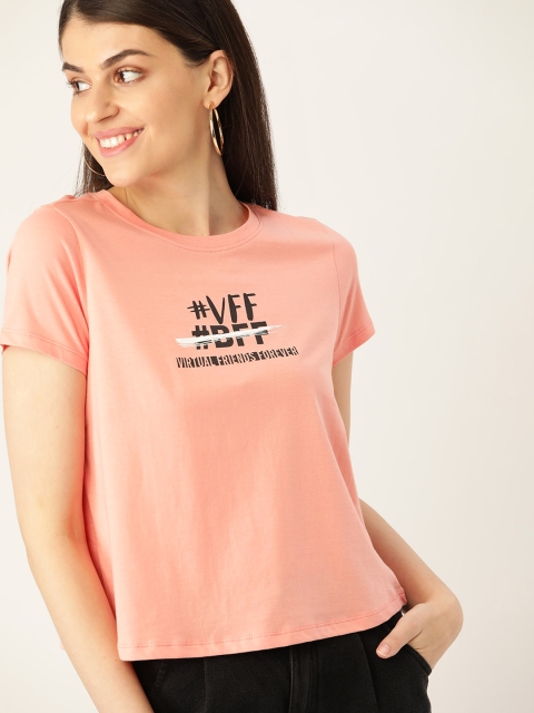 

DressBerry Women Peach-Coloured & Black Printed Round Neck T-shirt