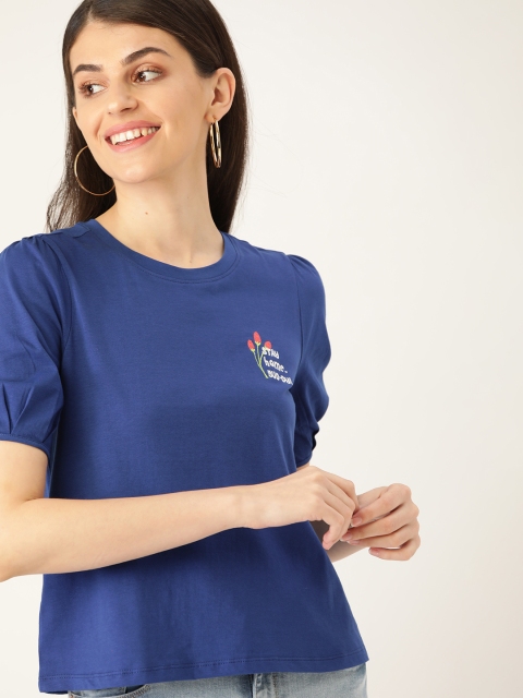 

DressBerry Women Navy Blue Printed Detail Puff Sleeve T-shirt