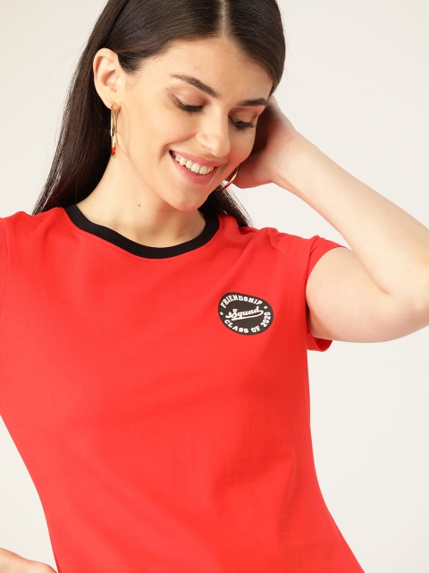 

DressBerry Women Coral Red Printed Detail Round Neck T-shirt
