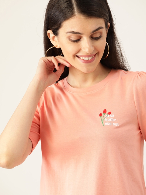 

DressBerry Women Peach-Coloured Embroidered Detail Puff Sleeve T-shirt
