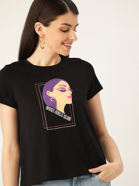 

DressBerry Women Black & Cream-Coloured Printed Round Neck T-shirt