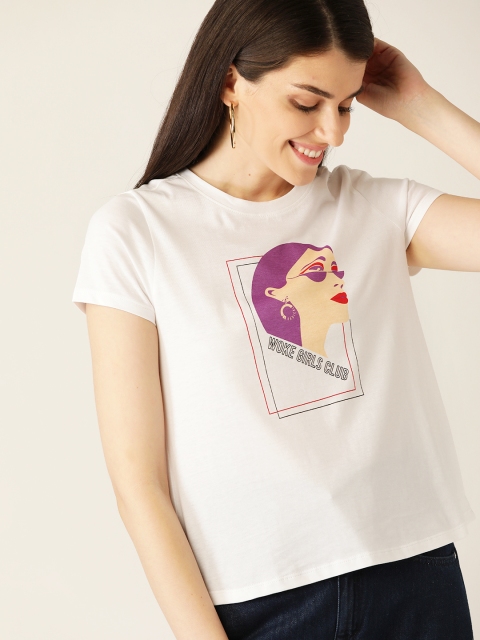 

DressBerry Women White & Cream-Coloured Printed Round Neck T-shirt