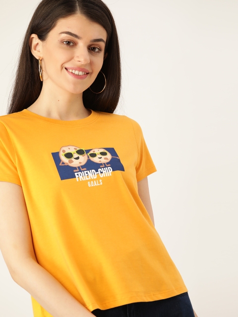 

DressBerry Women Yellow & Navy Blue Printed Round Neck T-shirt