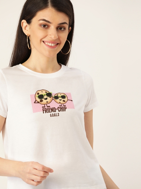

DressBerry Women White & Pink Printed Round Neck T-shirt