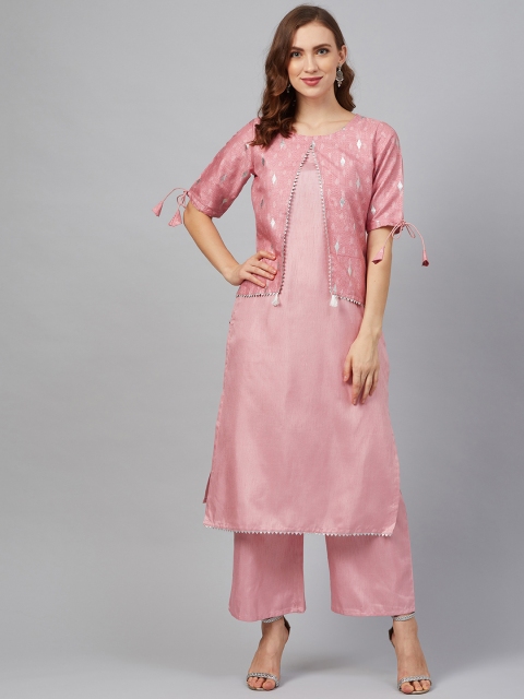 

ZIYAA Women Pink & Silver Khari Print Layered Straight Kurta with Palazzos
