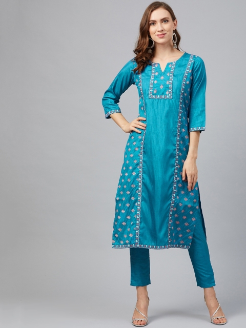 

ZIYAA Women Teal Blue & White Khari Print Straight Kurta & Trousers