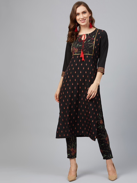 

ZIYAA Women Black & Pink Foil Print Straight Kurta with Trousers
