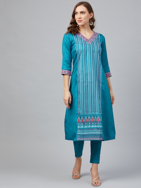 

ZIYAA Women Teal Blue & White Striped A-Line Kurta & Trousers with Khari Print