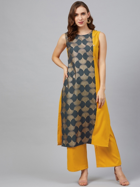 

ZIYAA Women Mustard Yellow & Charcoal Grey Foil Print Straight Kurta with Palazzos