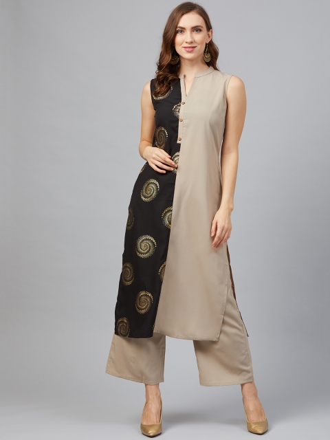 

ZIYAA Women Taupe & Black Foil Print Kurta with Palazzos