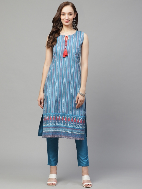 

ZIYAA Women Blue & White Striped Straight Kurta & Trousers with Khari Print