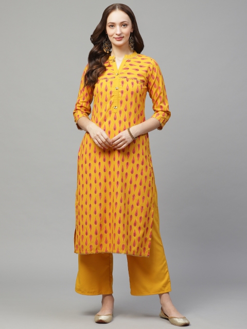 

ZIYAA Women Mustard Yellow & Pink Khari Print Straight Kurta with Palazzos