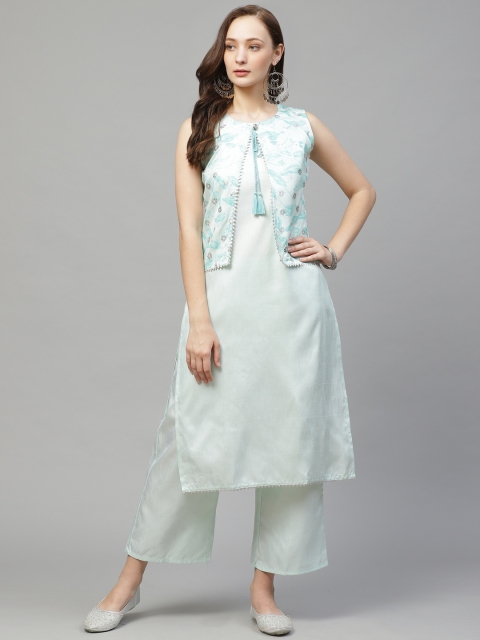 

ZIYAA Women Sea Green Solid Kurta with Palazzos and Khari Printed Ethnic Jacket