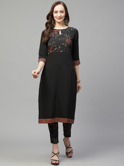 

ZIYAA Women Black & Red Yoke Design Foil Print Straight Kurta with Trousers