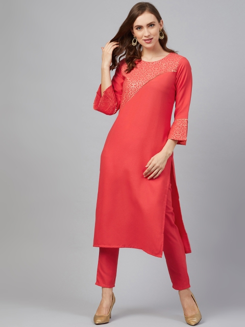

ZIYAA Women Coral Red Yoke Design Kurta with Trousers