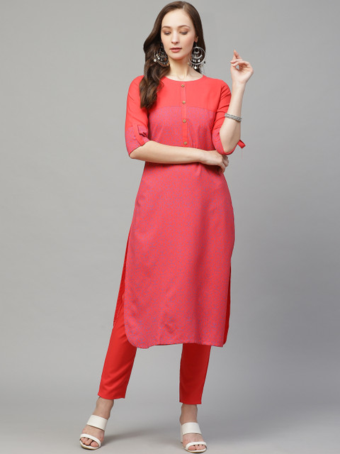 

ZIYAA Women Coral Red & Navy Blue Ethnic Printed Kurta with Trousers