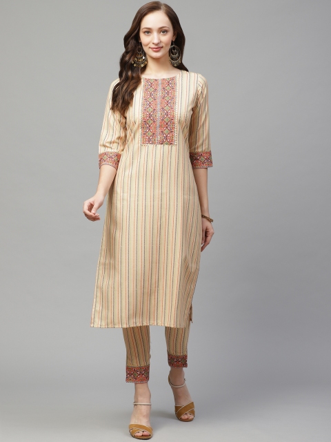 

ZIYAA Women Beige & Red Gotta Patti Digital Striped Kurta with Trousers