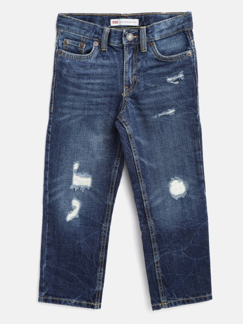 

Levis Boys Navy Blue 502 Tapered Fit Mid-Rise Mildly Distressed Jeans