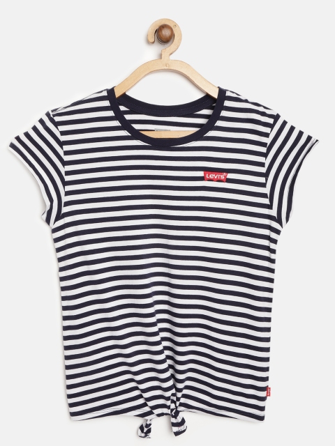 

Levis Girls Navy Blue & White Striped Front Tie-Up Pure Cotton Top