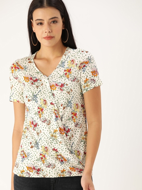 

Lee Cooper Off White & Green Floral Printed Wrap Top