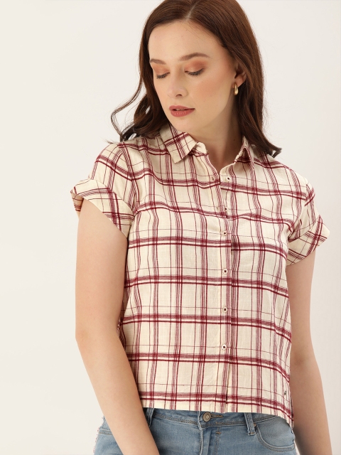 

Lee Cooper Women Cream-Coloured & Maroon Regular Fit Checked Casual Shirt