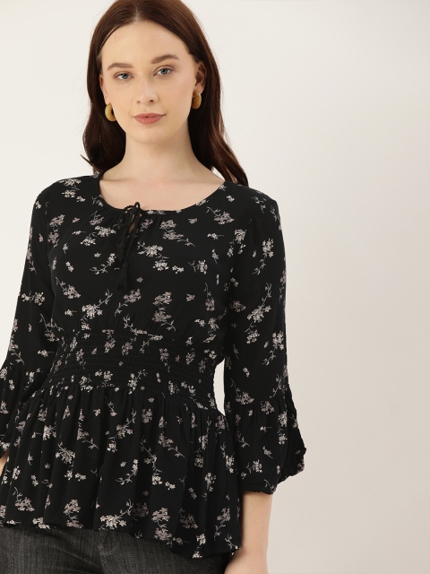 

Lee Cooper Women Black & Grey Floral Printed Smocked Peplum Top