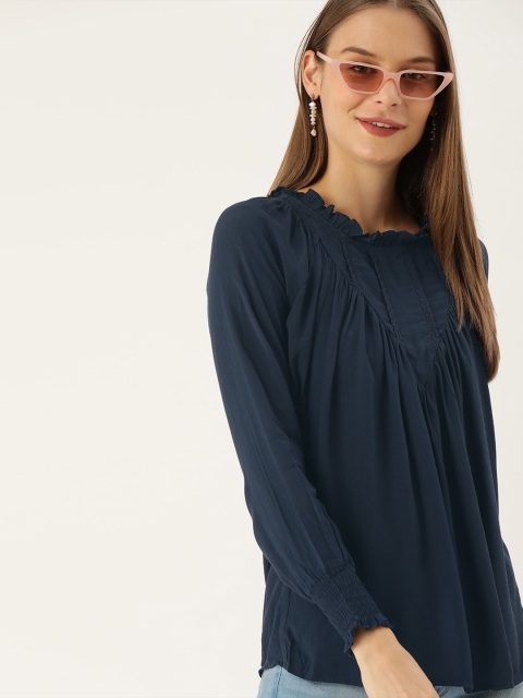 

Lee Cooper Women Navy Blue Solid Gathered Top with Lace Detail