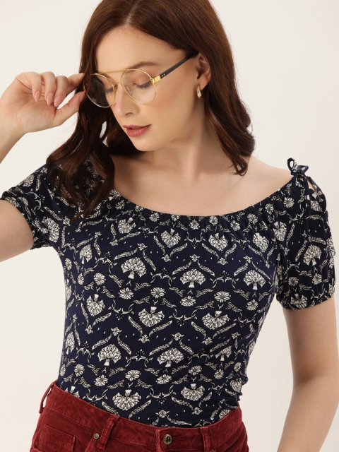 

Lee Cooper Women Navy Blue & White Floral Printed Bardot Top