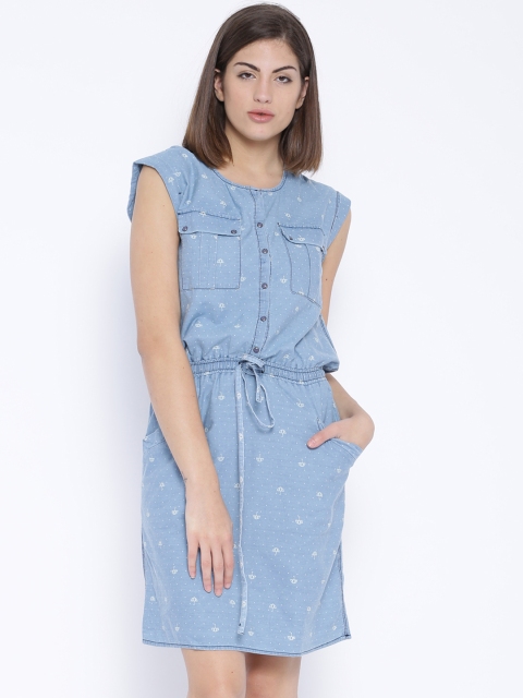 

Tokyo Talkies Blue Printed Denim Blouson Dress
