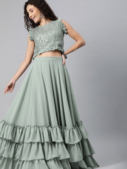 

Inddus Green Embroidered Ruffled Ready to Wear Lehenga with Blouse