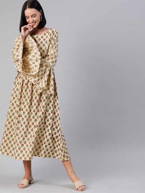 

Inddus Women Beige & Maroon Floral Printed A-Line Dress with Flared Bell Sleeve